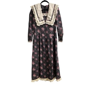 Vintage Gunne Sax Prairie Dress Womens 13 Black Floral Lace Trim Cottagecore 80s - Picture 1 of 10