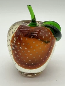 Vintage Murano Kunstglas Orange Apfel Glas Briefbeschwerer mit grünem Stiel - Bild 1 von 7