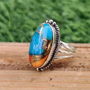 Oyster Turquoise Gemstone 925 Sterling Silver Handmade Boho Ring All Size - Picture 1 of 4