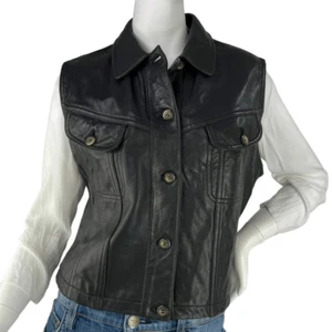 Lord & Taylor Vintage Black Leather Collared Button Up Vest Size Large - Picture 1 of 7
