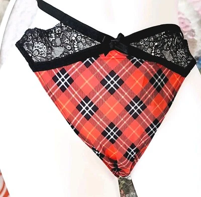 Victoria secret Rare Vintage XL  Satin 🙊 Plaid Lace Double Strap Thong Panty  - Image 1 of 3