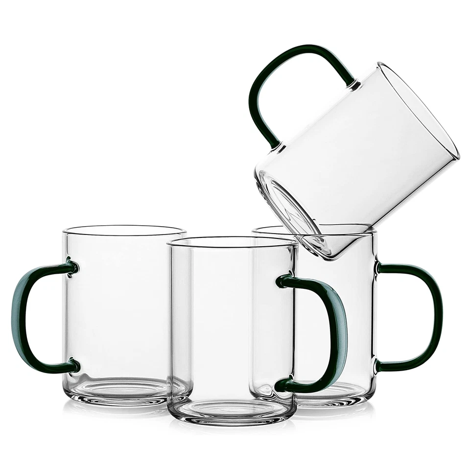 Mugs Set of 4 Clear Borosilicate Glass Coffee Cups 11oz Lead Drinking