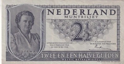 🇳🇱 PAÍSES BAJOS, 2 1/2 florines, 1949, XF, p73, número de serie: 3KY065607 Foto 1 de 2