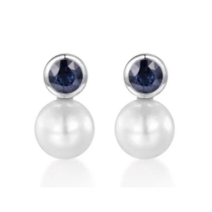 Ladies Hallmarked Solid 950 Platinum 9.12CT Akoya Pearl & Blue Sapphire Earrings - Picture 1 of 17