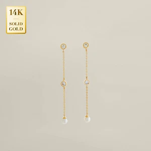 14K Solid Gold Cubic Zirconia Pearl Drop Earrings Earrings Minimalist Elegant - Imagen 1 de 6