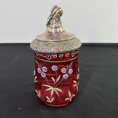 Antique Hand Painted Cranberry Glass Pickle Jar Silver Plate Lid • 127.64$