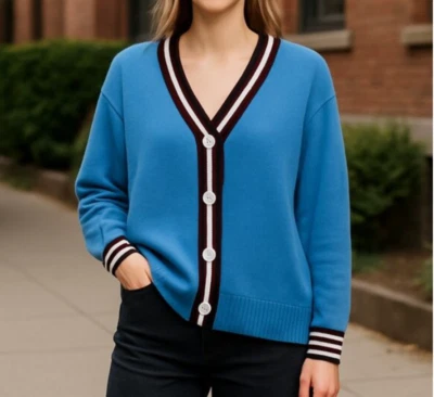 NUEVO CON ETIQUETAS FRENCH CONNECTION Suéter Azul Cuello en V Abotonado CÁRDIGAN RAYAS GRANDE Y2K Foto 1 de 4