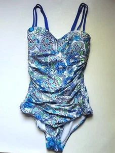 Sea Angel One Piece Double Strap Swimsuit Bathing Suit Blue Floral Ruched XSNew - Picture 1 of 6