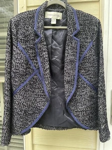 Doncaster Tweed Boucle Gray Black Blue Collared Blazer Jacket Career Size 16 - Picture 1 of 4