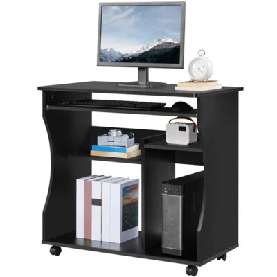 Computer Desk with Wheels & Shelves Black MDF for Office Home PC Laptop Study - Image 1 of 4