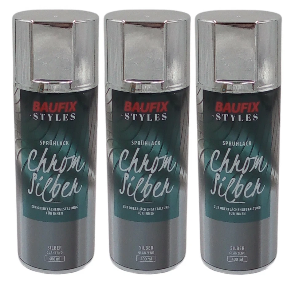 3x Baufix Chrom Silber Effektlack Lackspray 400ml Farbspray Sprühdose Spraydose - Bild 1 von 2