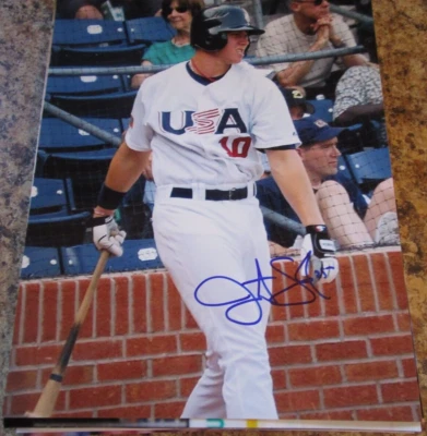 FOTO BRILLANTE FIRMADA POR JUSTIN SMOAK TEAM EE. UU. 8X10 (A) BLUE JAYS MARINERS RANGERS Foto 1 de 2