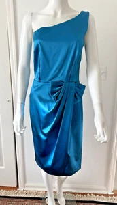 David Meister Turquoise Green Blue Satin Formal Evening Dress Bow Accent Size 8 - Picture 1 of 10