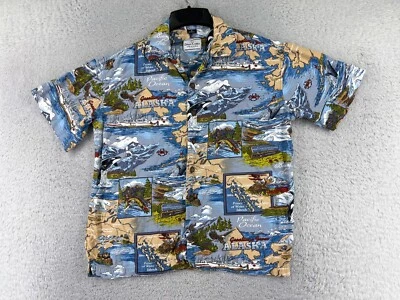 David Carey Shirt Adult Medium Blue Beige Alaska Post Card Map Cotton Rayon - Image 1 of 4