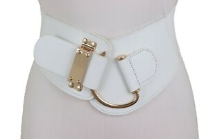 Women White Wide Elastic Fashion Belt Gold Metal Hook Buckle Plus Size Fit L XL