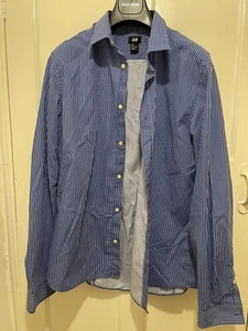 H&M Mens Blue Shirt White Striped Casual Dress Business Work Size L - Picture 1 of 3