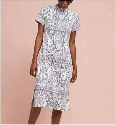 Vestido Anthropologie Mosaic Midi Mujer Grande Pequeño Azul Blanco Tejido Manga Corta Foto 1 de 4