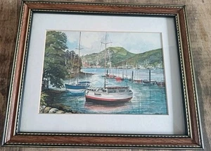 Barcos acuarela en puerto firmado marco esmaltado medidas 11" X9" - Imagen 1 de 9