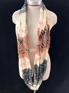 Infinity scarf long neck 35 x 20 black tan brown pattern semi sheer - Picture 1 of 3