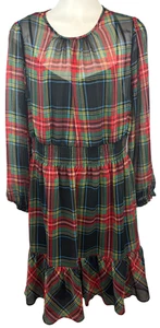 J Crew AG396 Women's Size L Cinched Waist Dress in Holiday Stewart Tartan Plaid - Picture 1 of 10