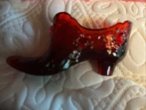 Vintage Fenton Ruby Red Glass Shoe Slipper Cabbage Rose Pattern Figurine - Picture 1 of 4
