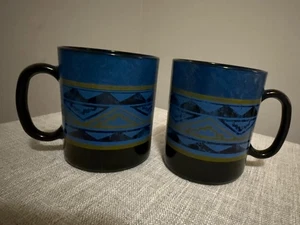 Yucatan by ARCOROC Set of 2 Blue Geometric Mugs France Tribal Ceramic Cups - Picture 1 of 5