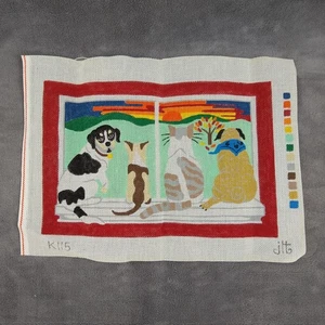 Cats & Dogs Sitting in Window Needlepoint Handpainted Canvas 18m JLT Designs - Picture 1 of 3