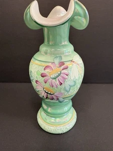 Fenton irisierende türkisfarbene Vase handbemalt Blumenmuster mit Libelle 6,75 Zoll - Bild 1 von 7