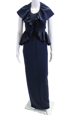 Black Halo Womens One Shoulder Zip Lined Ruffe Long Gown Navy Blue Size 0 - Image 1 of 4