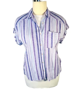 Terra & Sky - Women's 1X Blouse Purple, Blue, White Stripe 1 Pocket Button Up - Picture 1 of 11
