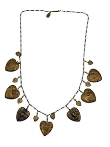Vintage Pididdly Links Brass Tone Heart Charm Statement Necklace Steam Punk - Picture 1 of 19