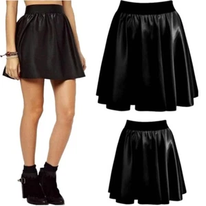 Womens Wet Look High Waist Flared Mini Skirt Elastic Waist Shiny Skater Skirt - Picture 1 of 5