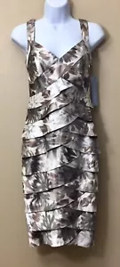 London Times NWT Sheath Shift Dress Size 4 Ruflle Neutrals Abstract Print Lined - Picture 1 of 10