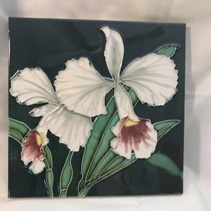 Vintage Orchid Flower Art Tile Trivet Ceramic 3D 8x8” Hang Or Tabletop - Picture 1 of 5