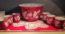 Vintage Anchor Hocking Cranberry Holly Berry Christmas Punch Bowl.and 6 cups