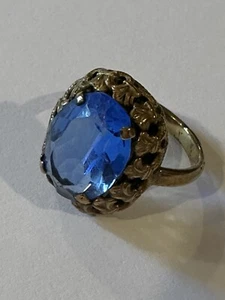 Very Vintage Brass Filigree Ring / Faceted Prong Set Austrian Blue Stone - Picture 1 of 9