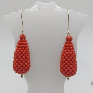Pendientes coral tejido, coral mediterráneo natural, oro 18kt, auténticos - Imagen 1 de 6