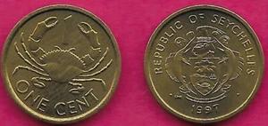 SEYCHELLES 1 CENT 1997 UNC MUD CRAB AND VALUE,ARMS WITH SWORDFISH SUPPORTERS,Obv - Picture 1 of 1