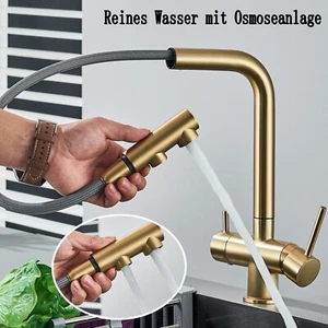 Rubinetto cucina 3 vie filtro acqua estensibile con doccetta rubinetto acqua potabile oro - Foto 1 di 12