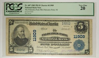 1902 Palisades Park NJ National Bank Note $5 PCGS VF 20 - Image 1 of 2