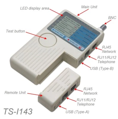 4-in-1 Remote USB, RJ11, RJ12, RJ45, BNC Multi Cable Tester, TS-I143 - Image 1 of 4
