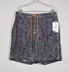 NWT Trunks Beachwear Surf & Swim Charcoal Leaf Print Orange Tie Swim Trunks Sz M - Picture 1 of 3