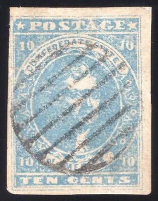 Estados Confederados, CSA #2 10¢ Paterson Azul con ANV Rejilla Militar Cancelar Foto 1 de 2