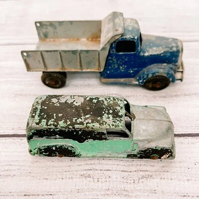 Lote De Colección Juguete Tootsie 5” Cabina Azul 1947 Línea L Camión Volquete y Coche Ambulancia Diecast Foto 1 de 4