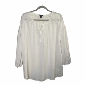 CHAPS Top Blouse 3/4 Sleeves Pompom Embroidered Round Neck White Size 1X - Picture 1 of 10