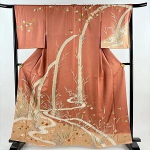 Woman Japanese Kimono Houmongi Silk Bamboo Flowing Water Gold Reddish Brown 162 - Picture 1 of 5