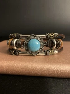Layered Leather Inlaid Faux Turquoise Punk Retro Boho Beaded Bracelet - Picture 1 of 6