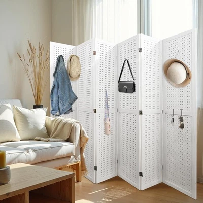 Room Divider 6 Panel Pegboard Display 5.6FT Wood PegBoard Room Dividers, Fold... - Image 1 of 4