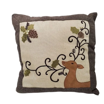 Decorative Deer & Pinecone Embroidered Pillow 16" x 16" - Image 1 of 4
