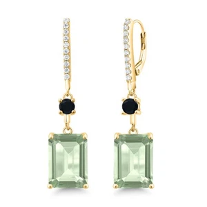 13.94 Ct Green Prasiolite Black Onyx 18K Yellow Gold Plated Silver Earrings - Picture 1 of 4